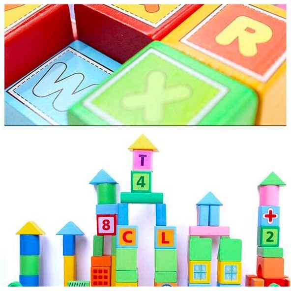 Set educativ de 100 cuburi din lemn multicolore pentru construit ...