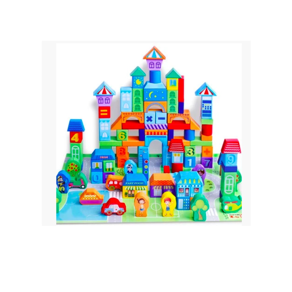 Set educativ de 100 cuburi din lemn multicolore pentru construit ...