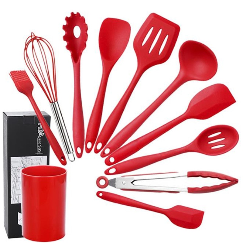 Set de 10 ustensile de gatit din silicon, ASKSA, cu galeata de depozitare, rezistente la caldura, rosu