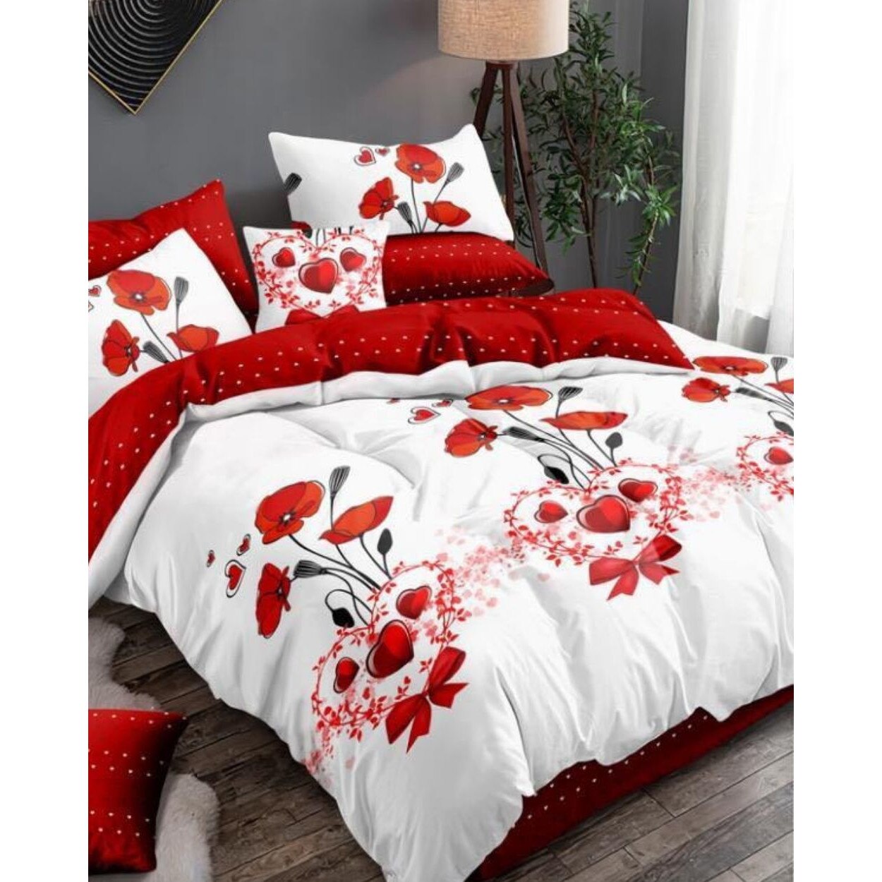 Set Lenjerie Finet Satinat, 6 Piese, Pat 2 Persoane, Poppies