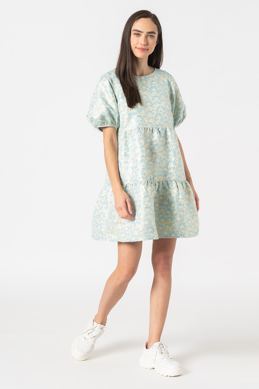 ICHI, Rochie din brocard cu insertie elastica Yesika, Alb/Albastru