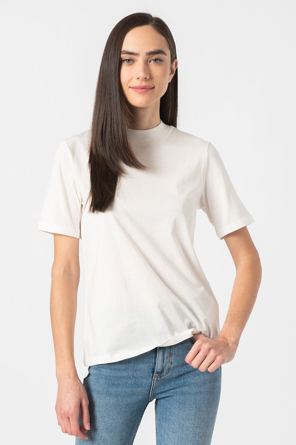 ICHI, Tricou cu decolteu la baza gatului, de bumbac Rania, Alb, S