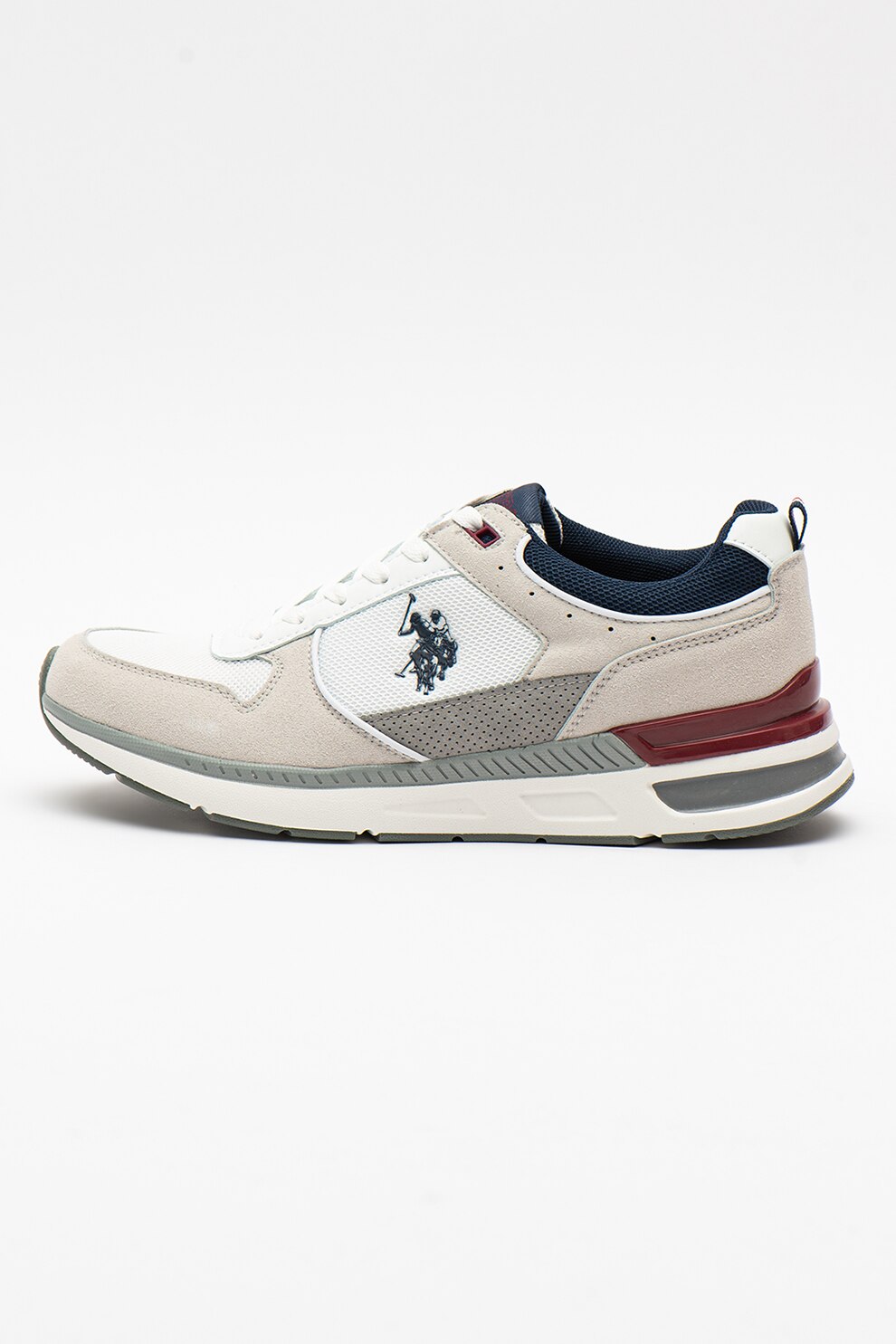 U.S. Polo Assn., Pantofi sport low-top cu garnituri din piele intoarsa sintetica Juan, Alb/Gri deschis/Rosu Bordeaux, 42