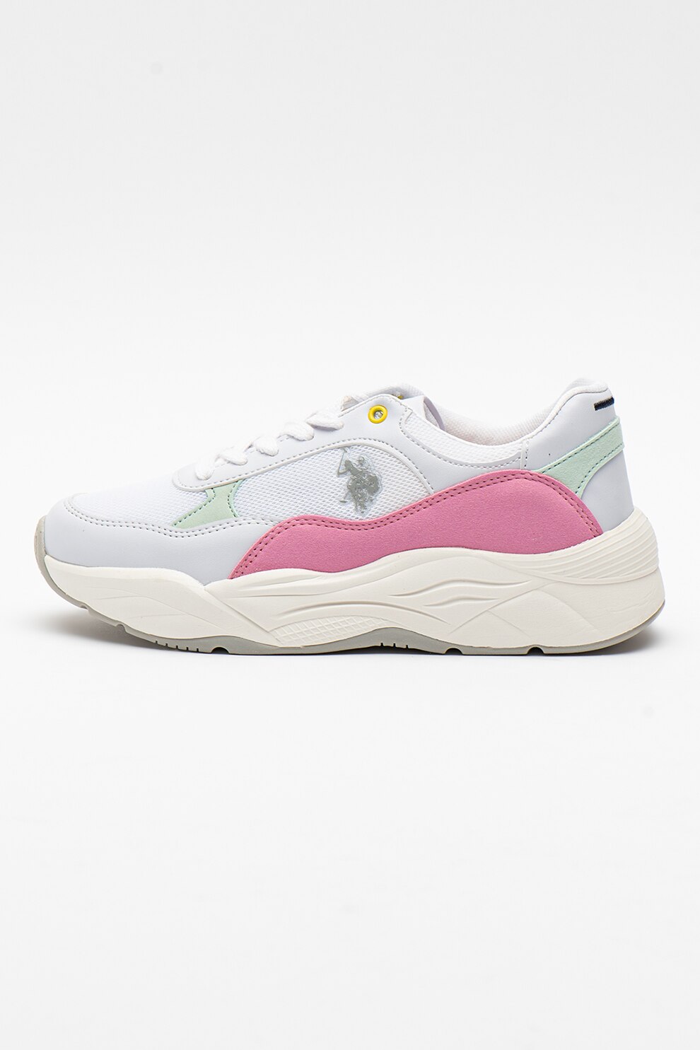 U.S. Polo Assn., Pantofi sport low-top din piele ecologica cu insertie din plasa Besty, Gri deschis/Verde/ Roz