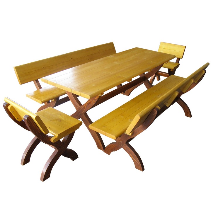 Set masa dreptunghiulara pentru gradina DacEnergy©, din lemn, 2 scaune, 2 banci, 10 persoane, 200 x 70 x 80 cm
