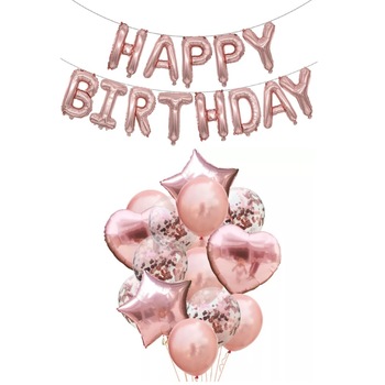 Set 14 Baloane Aniversare cu confetti + Baloane Happy Birthday, Rose Gold, It's Party Time Set 14 Baloane Aniversare cu confetti + Baloane Happy Birthday, Rose Gold, It's Party Time