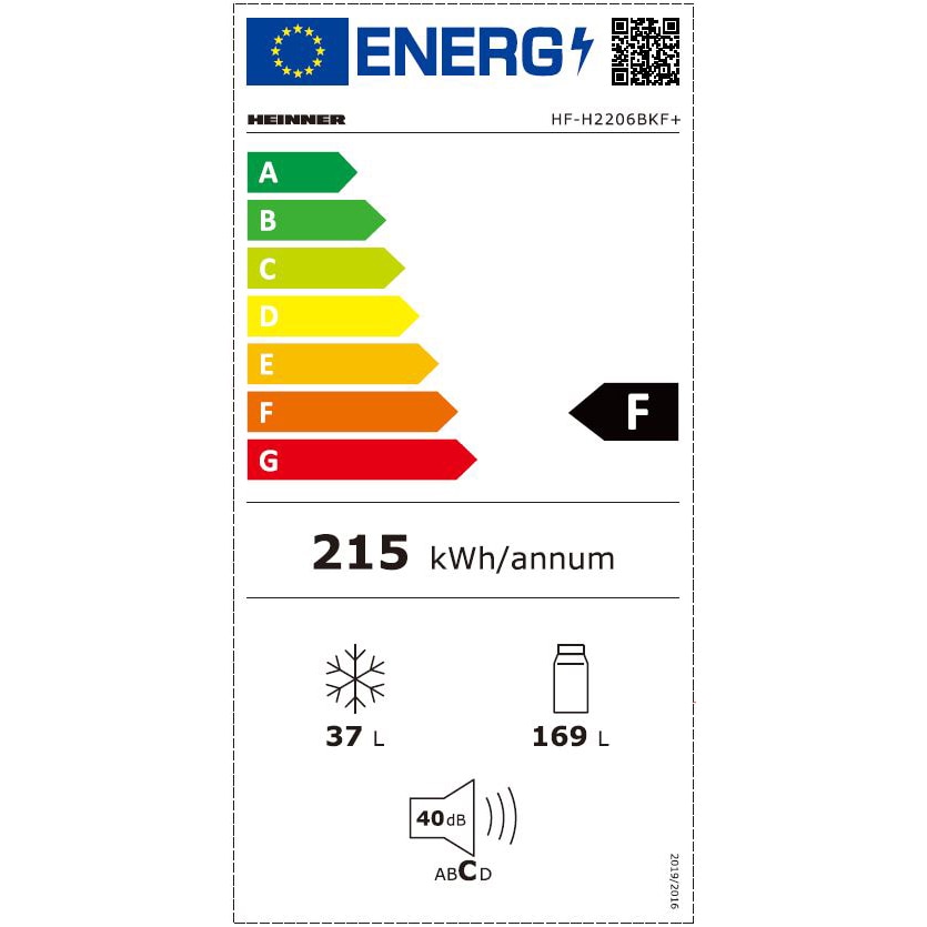 Frigider cu doua usi Heinner HF-H2206BKF+, 205 l, Clasa F, H 143 cm, Negru