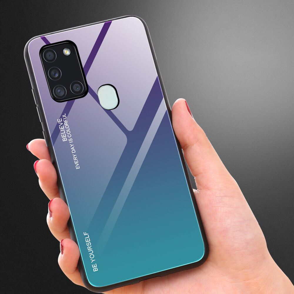 Husa Samsung Galaxy A21S, Gradient Glass Durable, Spate din Sticla Securizata, Verde / Violet