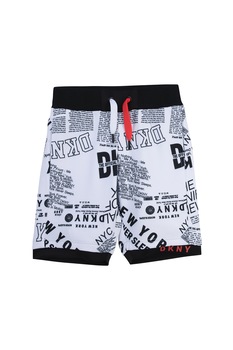 DKNY, Pantaloni scurti cu imprimeu text si logo, Alb optic/Negru/Rosu DKNY, Pantaloni scurti cu imprimeu text si logo, Alb optic/Negru/Rosu