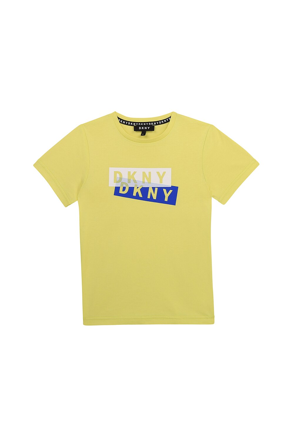 DKNY, Tricou cu decolteu rotund si imprimeu logo, Verde lime/Albastru/Alb