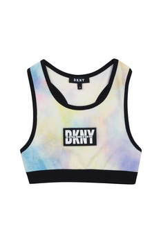 DKNY, Bustiera sport cu model tie-dye, Galben pai/albastru/negru, 150 CM DKNY, Bustiera sport cu model tie-dye, Galben pai/albastru/negru, 150 CM