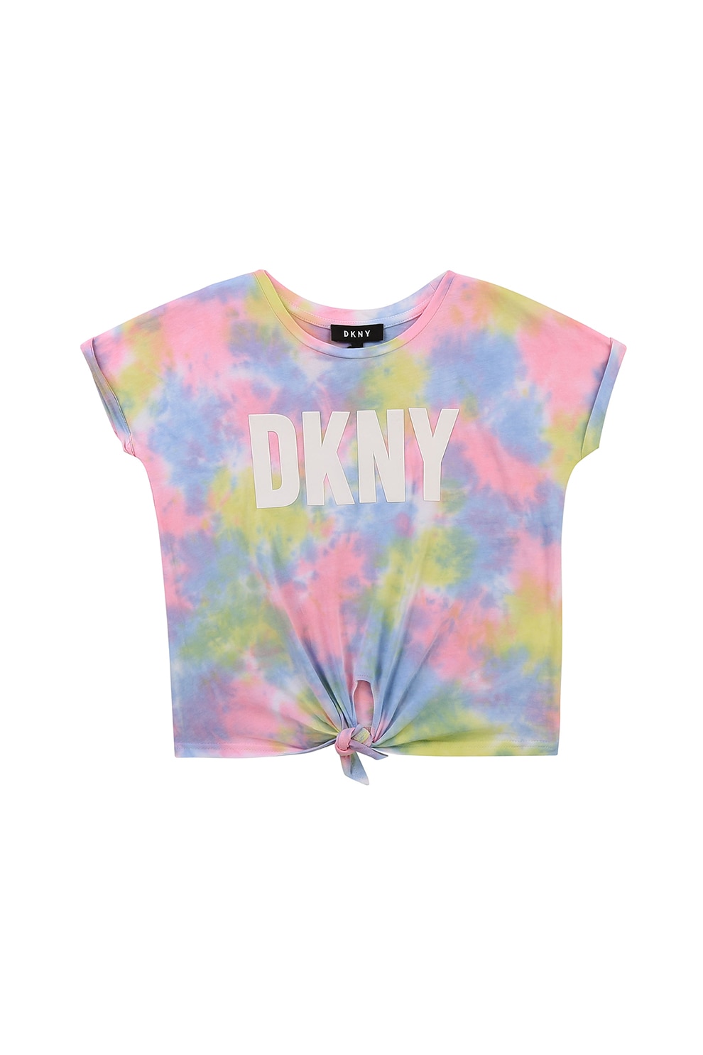 DKNY, Tricou cu model tie-dye si imprimeu logo, Albastru prafuit/Roz/Galben, 114 CM