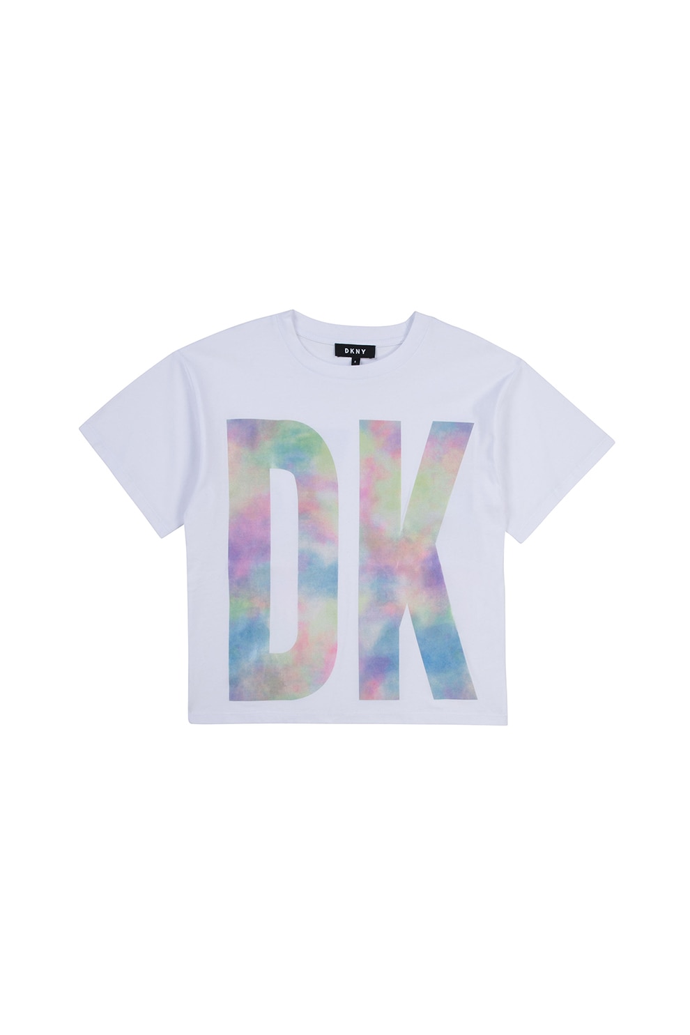 DKNY, Tricou cu decolteu la baza gatului si imprimeu logo, Alb optic/Roz/Albastru