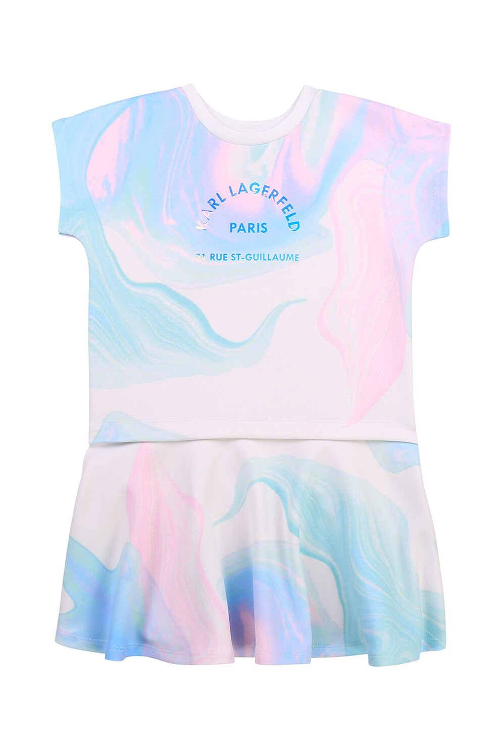 Karl Lagerfeld, Rochie cu decolteu rotund, model abstract si logo, Roz/Albastru/Verde