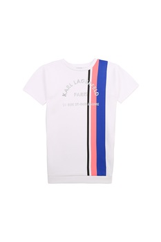 Karl Lagerfeld, Rochie tip tricou cu imprimeu logo, Alb optic/Albastru/Roz, 126 CM Karl Lagerfeld, Rochie tip tricou cu imprimeu logo, Alb optic/Albastru/Roz, 126 CM