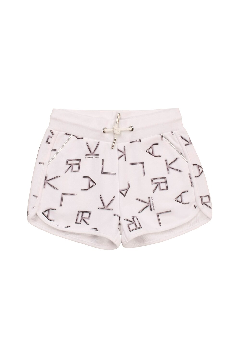 Karl Lagerfeld, Pantaloni scurti cu imprimeu si snur in talie, Alb/Negru