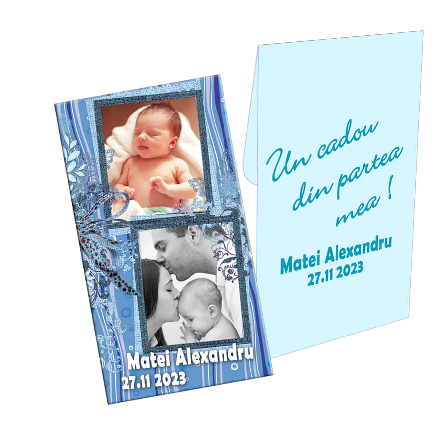 Marturie pentru botez, personalizata cu doua fotografii, dimensiune 10cmx5.5cm, culoare bleu
