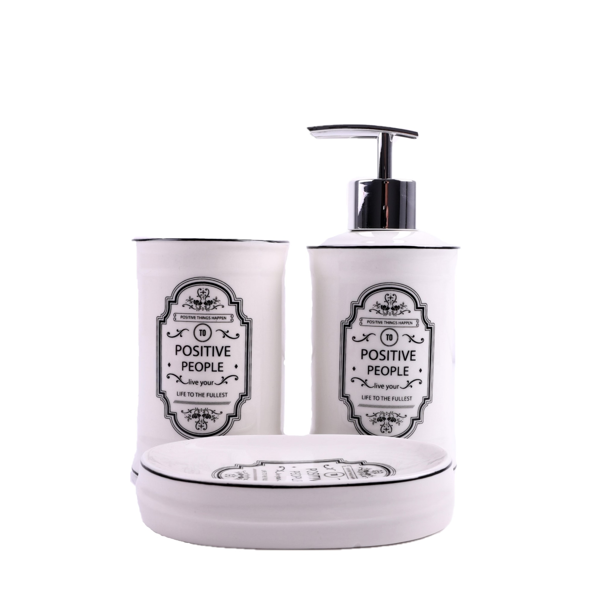 Set decorativ accesorii baie, ceramica, 3 piese, design clasic, imprimeu 