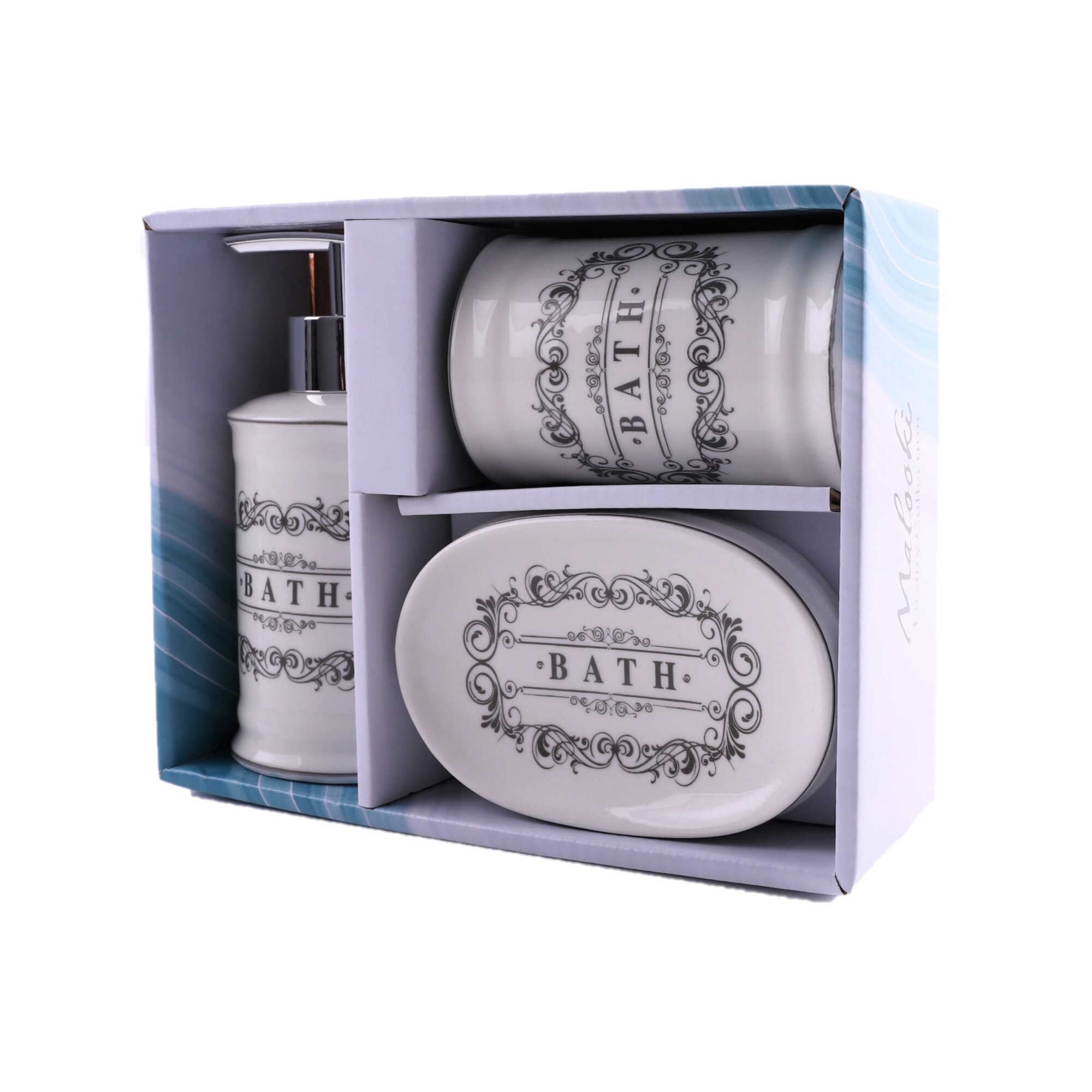 Set decorativ accesorii baie, ceramica, 3 piese, design clasic, imprimeu 