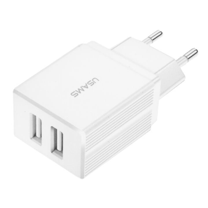 USAMS T24 hálózati töltő 2 x USB aljzat (5V / 2100 mA, gyorstöltés támogatás) FEHÉR