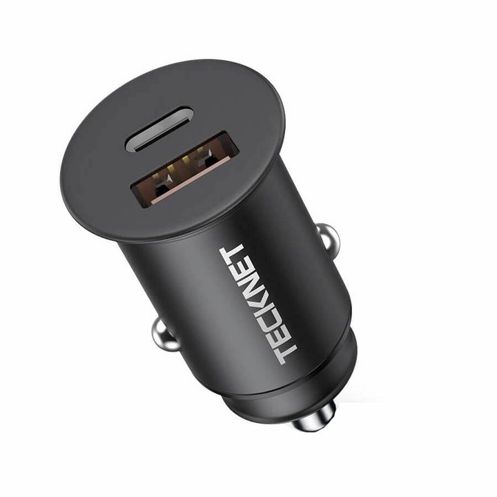 Incarcator auto pentru dispozitive mobile, TeckNet ECC01003BA01 USB-C & USB-A 30W, negru