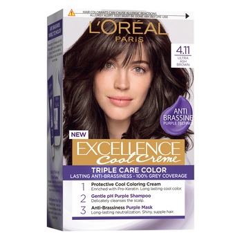 Vopsea de par permanenta cu amoniac L'Oreal Paris Excellence Cool Creme 4.11 Ultra Ash Brown, 192 ml Vopsea de par permanenta cu amoniac L'Oreal Paris Excellence Cool Creme 4.11 Ultra Ash Brown, 192 ml