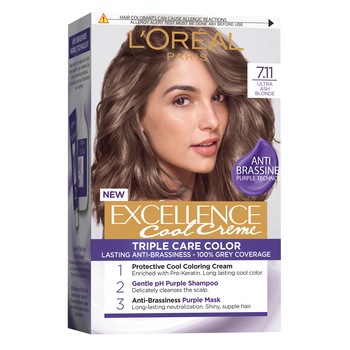 Vopsea de par permanenta cu amoniac L'Oreal Paris Excellence Cool Creme 7.11 Ultra Ash Blonde, 192 ml Vopsea de par permanenta cu amoniac L'Oreal Paris Excellence Cool Creme 7.11 Ultra Ash Blonde, 192 ml