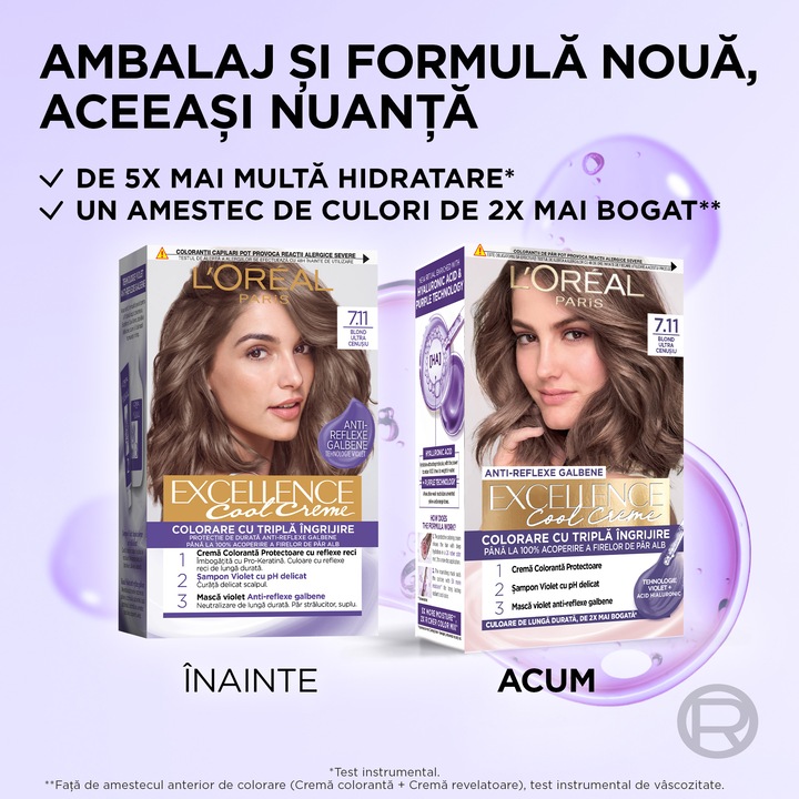 Vopsea de par permanenta cu amoniac L'Oreal Paris Excellence Cool Creme 7.11 Ultra Ash Blonde, 192 ml