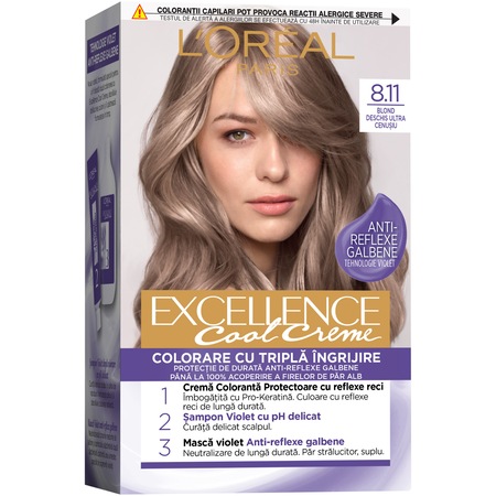 Vopsea de par permanenta cu amoniac L'Oreal Paris Excellence Cool Creme 8.11 Ultra Ash Light Blonde, 192 ml