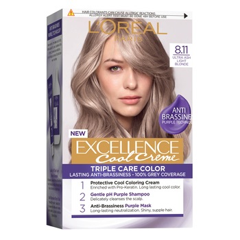 Vopsea de par permanenta cu amoniac L'Oreal Paris Excellence Cool Creme 8.11 Ultra Ash Light Blonde, 192 ml Vopsea de par permanenta cu amoniac L'Oreal Paris Excellence Cool Creme 8.11 Ultra Ash Light Blonde, 192 ml