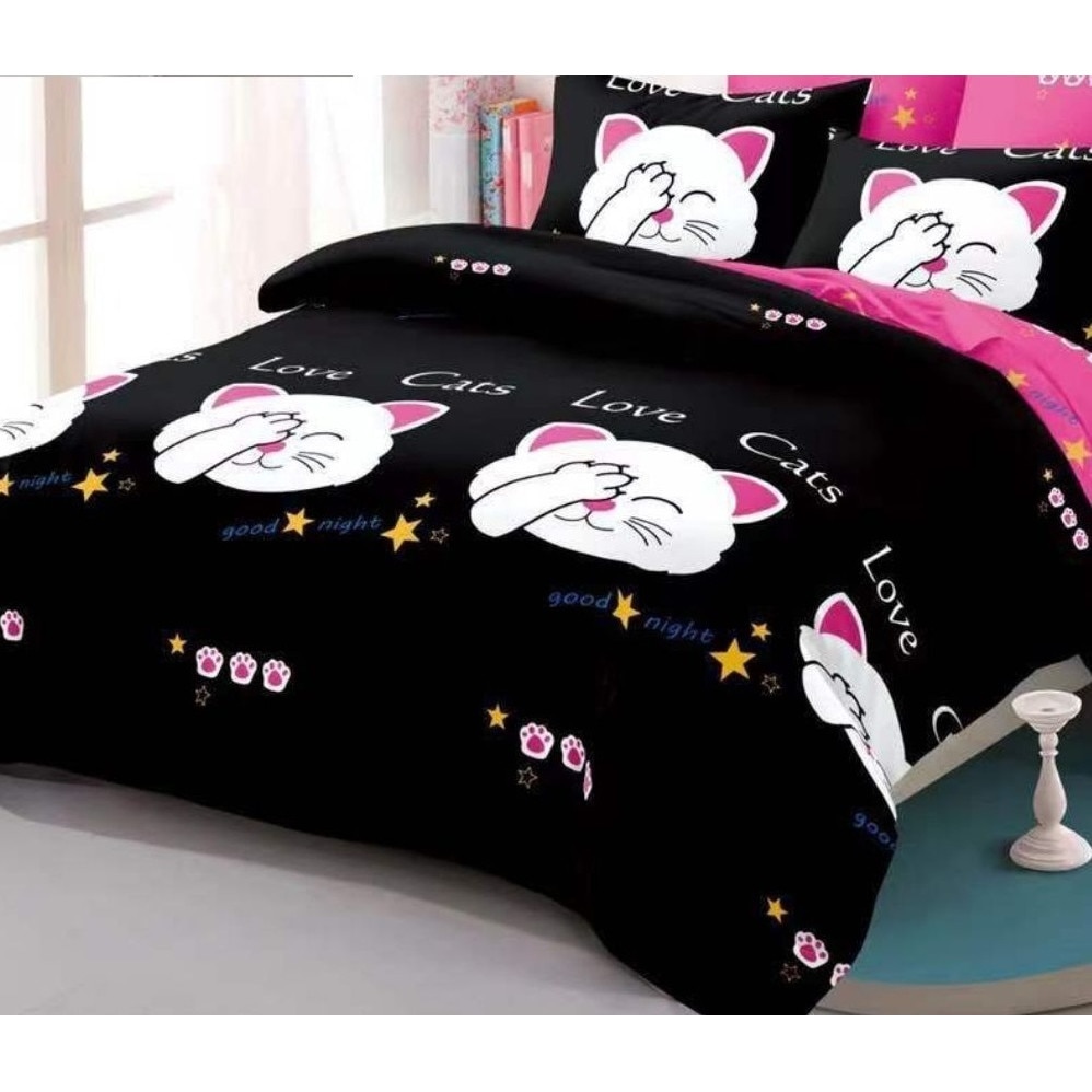 Set Lenjerie Finet, Cearceaf de Pat cu Elastic, 6 Piese, Pat 2 Persoane, Love Cats