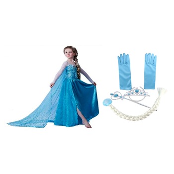 Set rochie Elsa Frozen, 4 - 5 ani, cu trena si accesorii manusi, codita impletita, tiara si bagheta Set rochie Elsa Frozen, 4 - 5 ani, cu trena si accesorii manusi, codita impletita, tiara si bagheta
