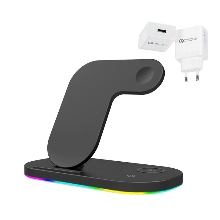 Incarcator Wireless eLIVE GY-Z7S 3in1, Senzor Touch, Qi Type-C Super Fast Charge 3A, Adaptor Qualcomm 3.0 Inclus, Indicator Luminos, Incarcare, Compatibil Telefon Apple, Samsung, Huawei, Xiaomi, Apple Watch, Casti AirPod 2, Airpods Pro, Buds, Buds+, Negru