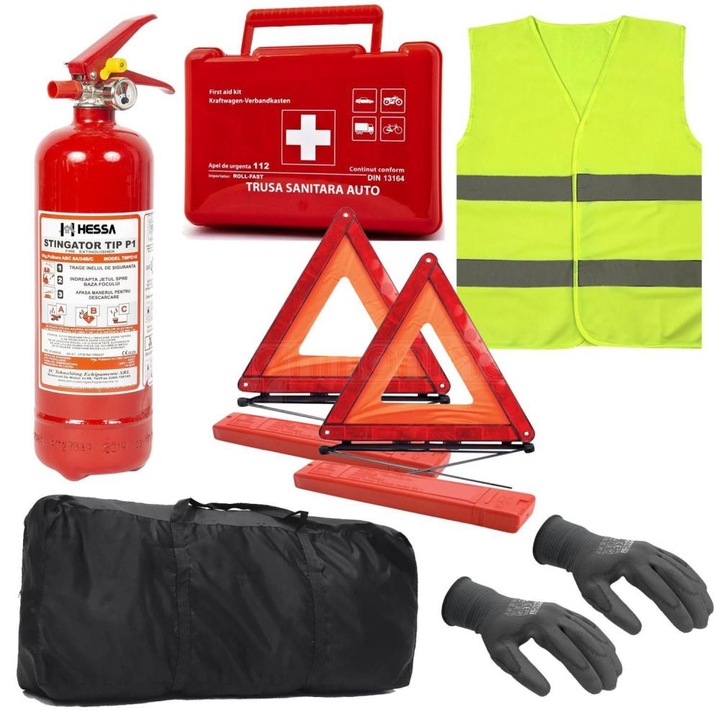 Автомобилен пакет за пътна безопасност, С пожарогасител P1, медицински комплект, 2 светлоотразителни триъгълника, жилетка, ръкавици и чанта за съхранение