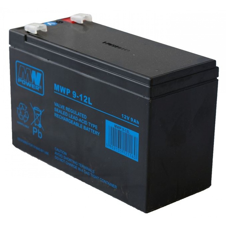 Батерия, UPS, Оловно-киселинна, VRLA, AGM, MW POWER, 12V, 9Ah, Клеми F2