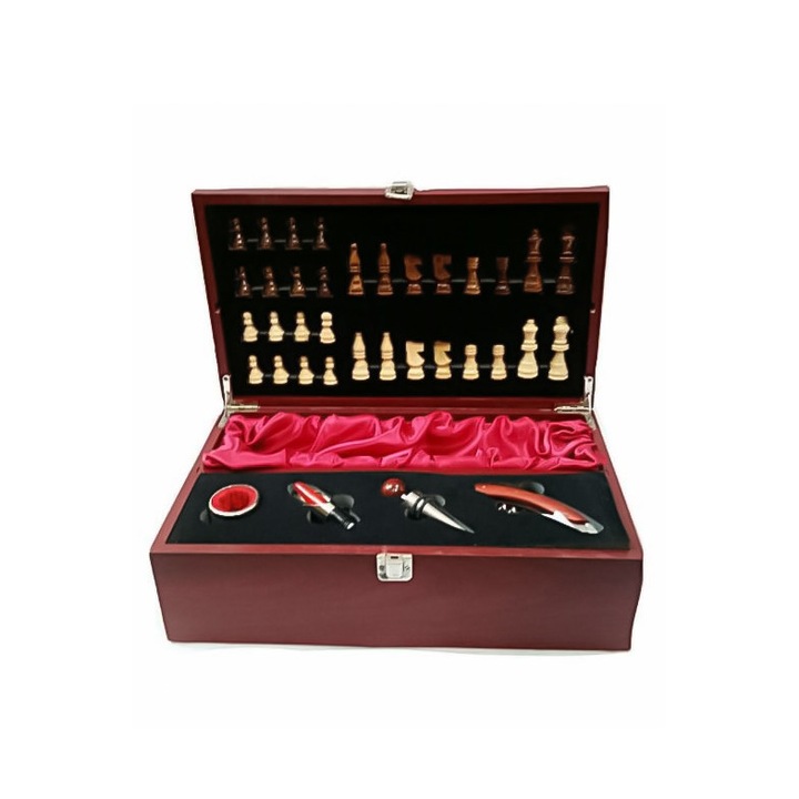 SmartGift elegáns ajándékkészlet, doboz borosüveghez és boros kiegészítőkhöz, táblával és sakkfigurákkal, cseresznye színű, Doty
