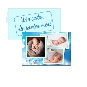 Marturie pentru botez, personalizata cu 3 fotografii, dimensiune magnet 9.5cm x 6.5cm, plic bleu Marturie pentru botez, personalizata cu 3 fotografii, dimensiune magnet 9.5cm x 6.5cm, plic bleu