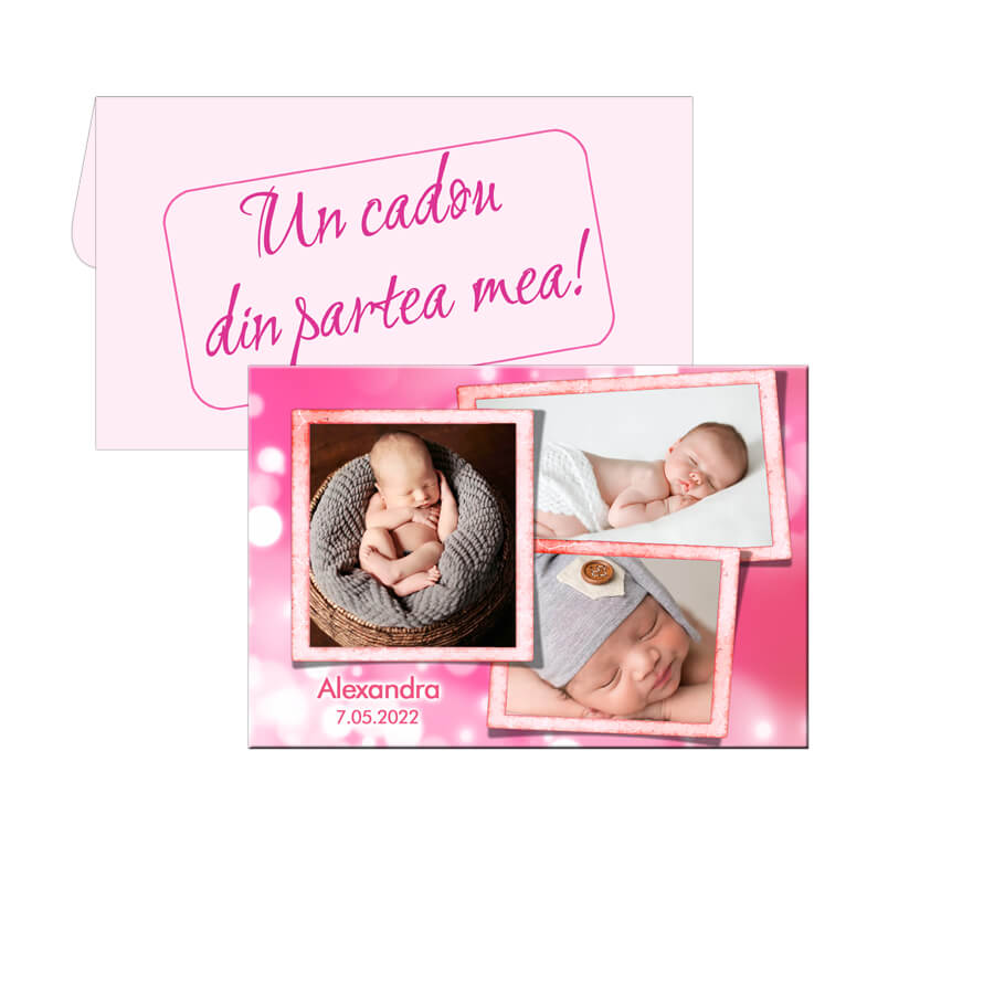 Marturie pentru botez, personalizata cu 3 fotografii, dimensiune magnet 9.5cm x 6.5cm, plic roz