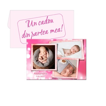 Marturie pentru botez, personalizata cu 3 fotografii, dimensiune magnet 9.5cm x 6.5cm, plic roz Marturie pentru botez, personalizata cu 3 fotografii, dimensiune magnet 9.5cm x 6.5cm, plic roz
