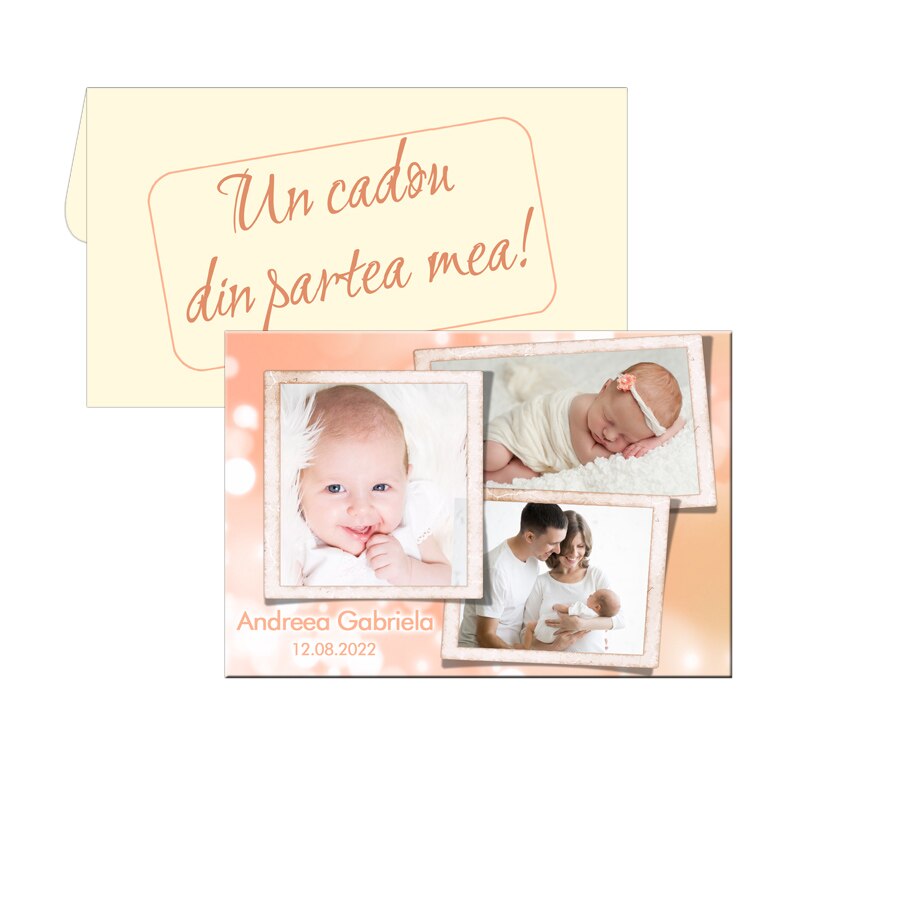 Marturie pentru botez, personalizata cu 3 fotografii, dimensiune magnet 9.5cm x 6.5cm, plic crem