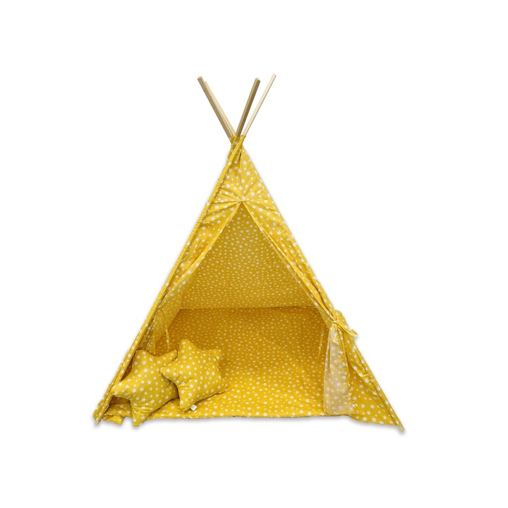Cort de joaca pentru copii, 110*110*150cm , galben cu stele albe