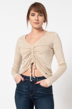 Pepe Jeans London, Bluza din amestec de in cu model drapat Claire, Maro nisip Pepe Jeans London, Bluza din amestec de in cu model drapat Claire, Maro nisip