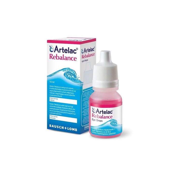 Picaturi Oftalmice cu Acid Hialuronic si Vitamina B12, Artelac Rebalance®, Bausch & Lomb, pentru Usurarea Ochilor Uscati, Hidratare de Lunga Durata, Compatibile cu Lentile de Contact, 10 ml