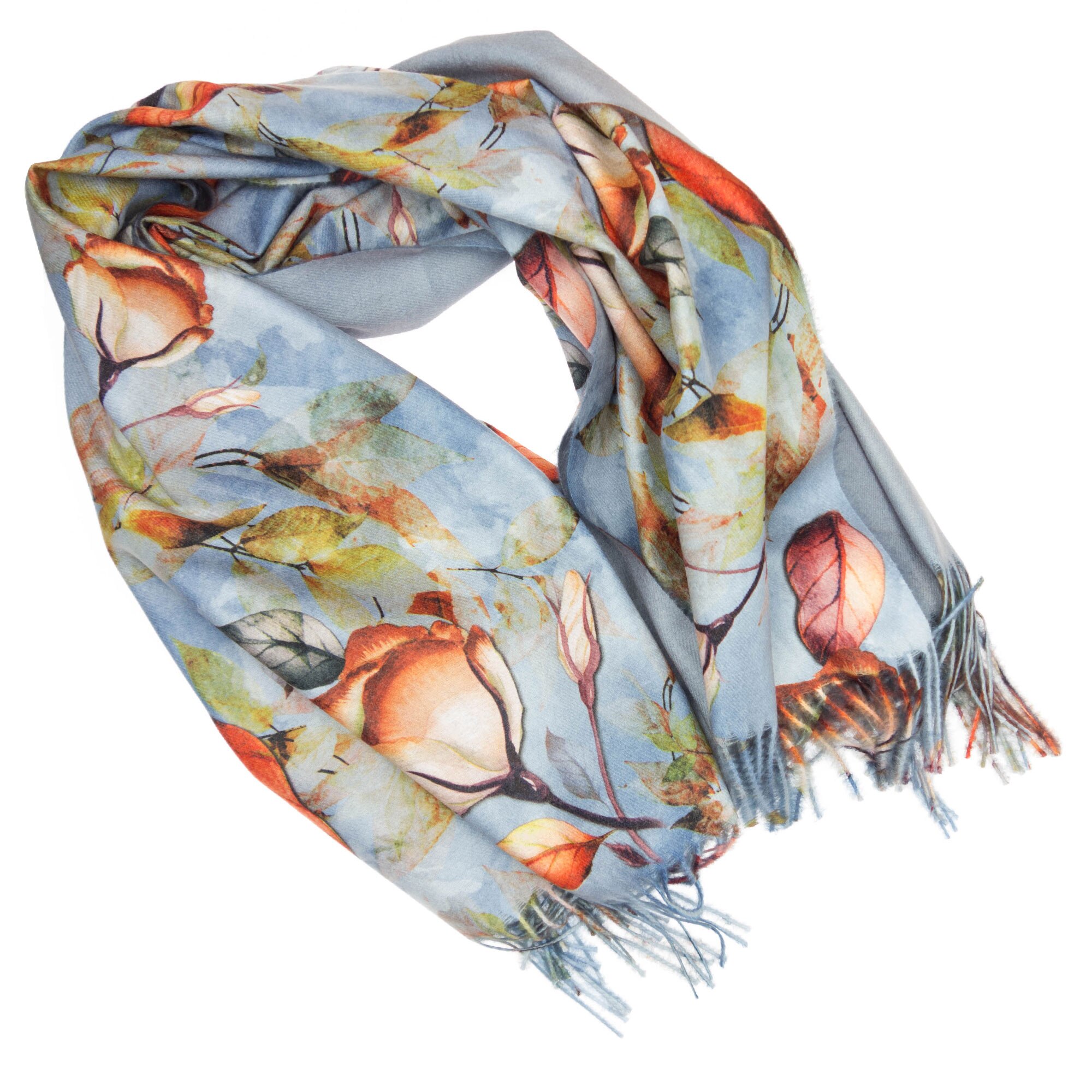 Esarfa de dama, 100% casmir, Bleu cu model floral, 190 x 70 cm, ES417