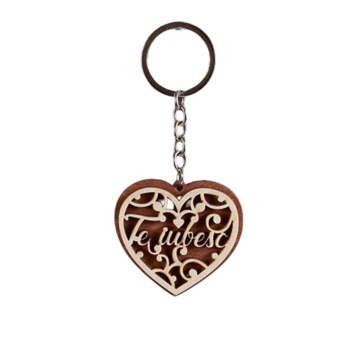 Breloc din lemn, inimioara, maro, inscriptionat, Te iubesc