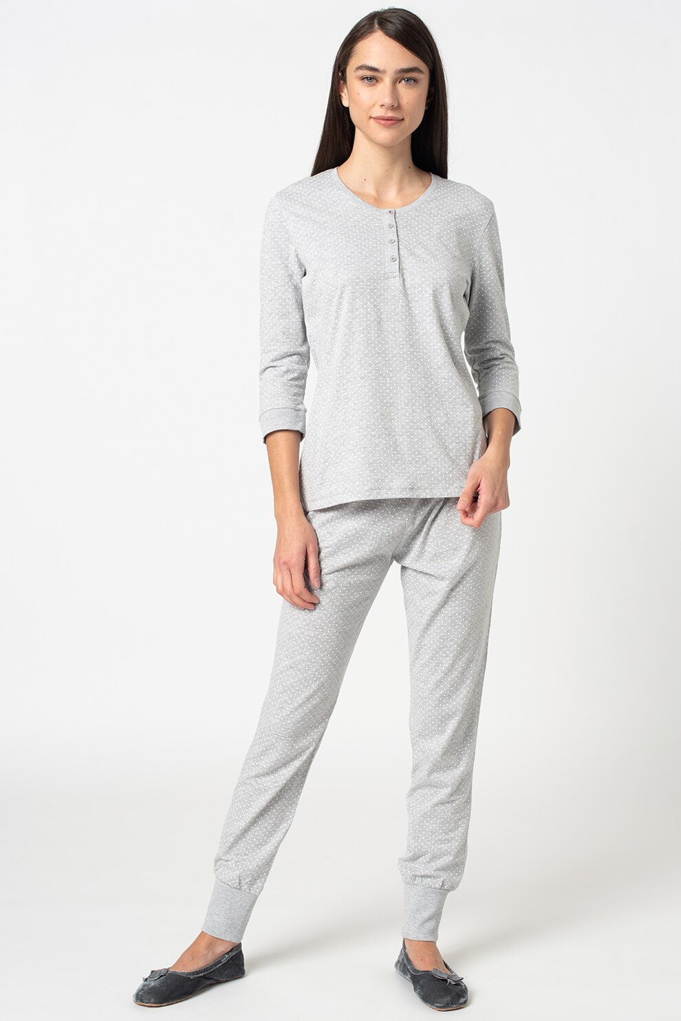 ESPRIT Bodywear, Pijama cu imprimeu cu buline Jordyn, Gri deschis, XL