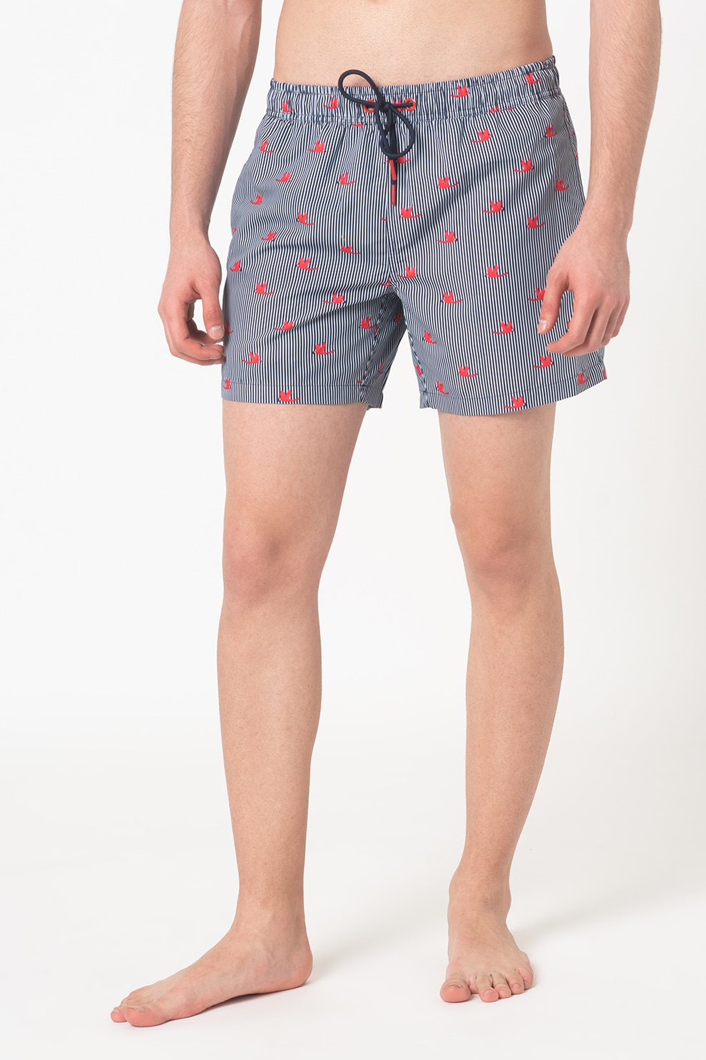 ESPRIT Bodywear, Pantaloni scurti de baie cu imprimeu cu pasari Akuna, Bleumarin inchis/Alb/Rosu