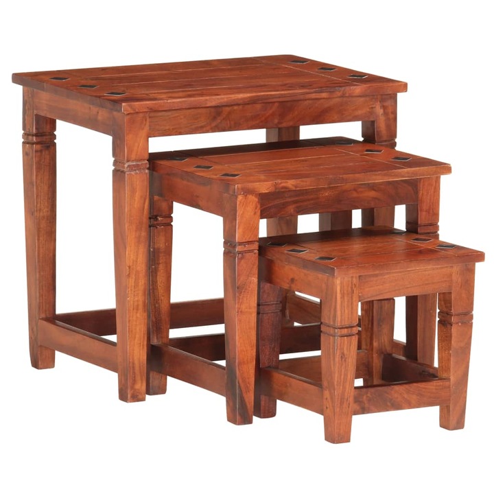 Set de 3 masute laterale suprapuse, vidaXL, Lemn de acacia, 49 x 34 x 45 cm, Maro