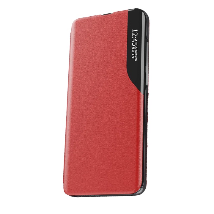 G-Tech Eco Leather View Cover, съвместим със Samsung Galaxy S20 FE, стилен дизайн, функция стойка, екологична кожа+компютър, червен
