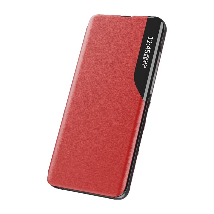 Калъф, съвместим с телефон, Smart View, съвместим с Honor 90 Lite, екологична кожа GEO, стойка, червен